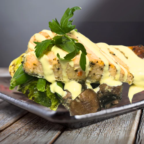 Baked Salmon with Beans, Mushrooms and Brussels Sprout with Hollandaise Sauce 250g