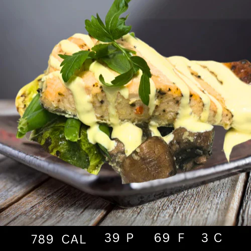Baked Salmon with Beans, Mushrooms and Brussels Sprout with Hollandaise Sauce - Image 4
