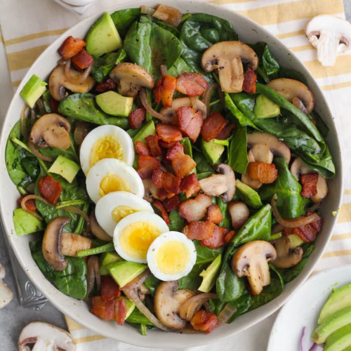 Breakfast Salad of Mushroom, Tomato, Chorizo, Bacon, Spinach, Free Range Boiled Eggs and Balsamic Vinaigrette (Breakfast) 200g
