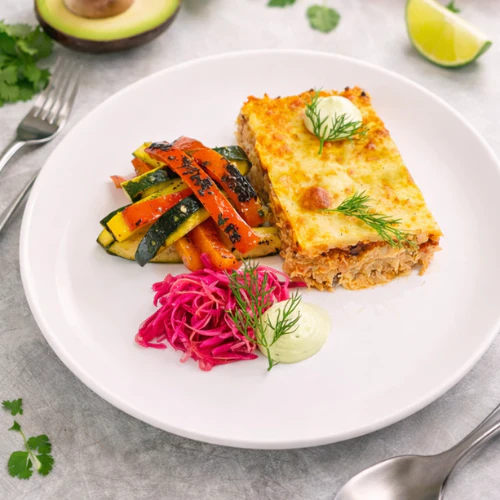 Chicken Enchilada, Charred Zucchini and Capsicum, Pickled Red Onion and Cabbage, Avocado and Sour Cream Sauce - Image 2