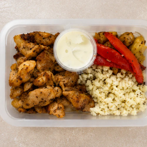 Chicken Souvlaki, Roasted Eggplant and Capsicum, Cauliflower Rice, Yoghurt Dip - Image 3