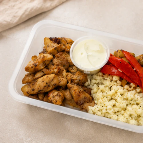 Chicken Souvlaki, Roasted Eggplant and Capsicum, Cauliflower Rice, Yoghurt Dip - Image 4