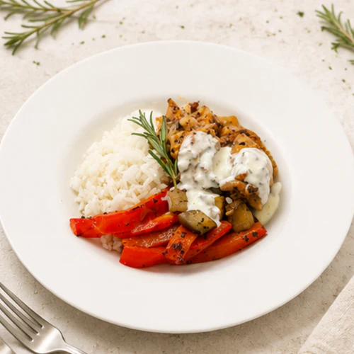 Chicken Souvlaki, Roasted Eggplant and Capsicum, Jasmin Rice, Yoghurt Dip (NDIS) - Image 2