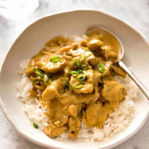 Free Range Satay Chicken with Basmati Rice ,Onions, Capsicums and Green Beans