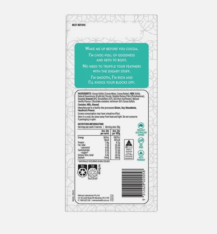Melrose Ignite Keto Chocoloate - MILK ROASTED ALMOND 100g (NDIS) - Image 4
