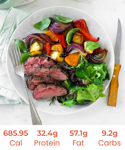 Pan Seared Lamb Rump with Roasted Vegetables and Pink Peppercorn Sauce - Image 3