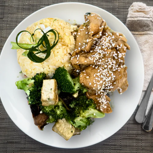Stir fry Sesame Chicken with Egg Fried Jasmine Rice and Veggies (NDIS)