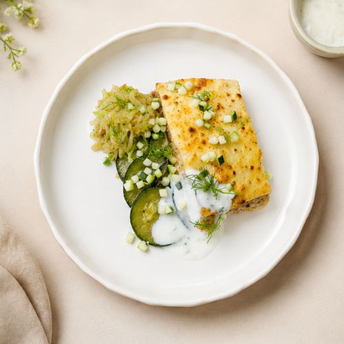 Tuna Bake, Braised Cabbage, Buttered Zucchini, Yoghurt Dip (NDIS)