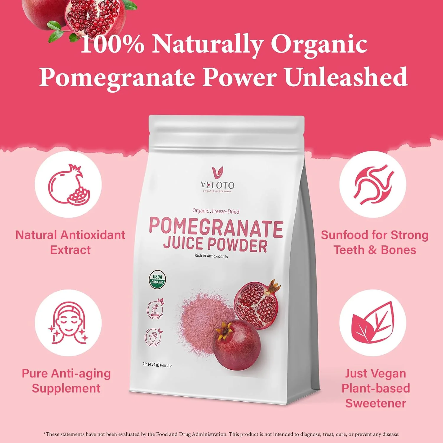 VELOTO Organic Pomegranate Juice Powder, Pure Pomegranate Fruit Extract Freeze Dried Powder, Natural Vitamin C Vegan Sweetener Superfoods for Smoothies, Yogurt & Shake, Gluten Free, Non GMO, 1 lb - Image 3