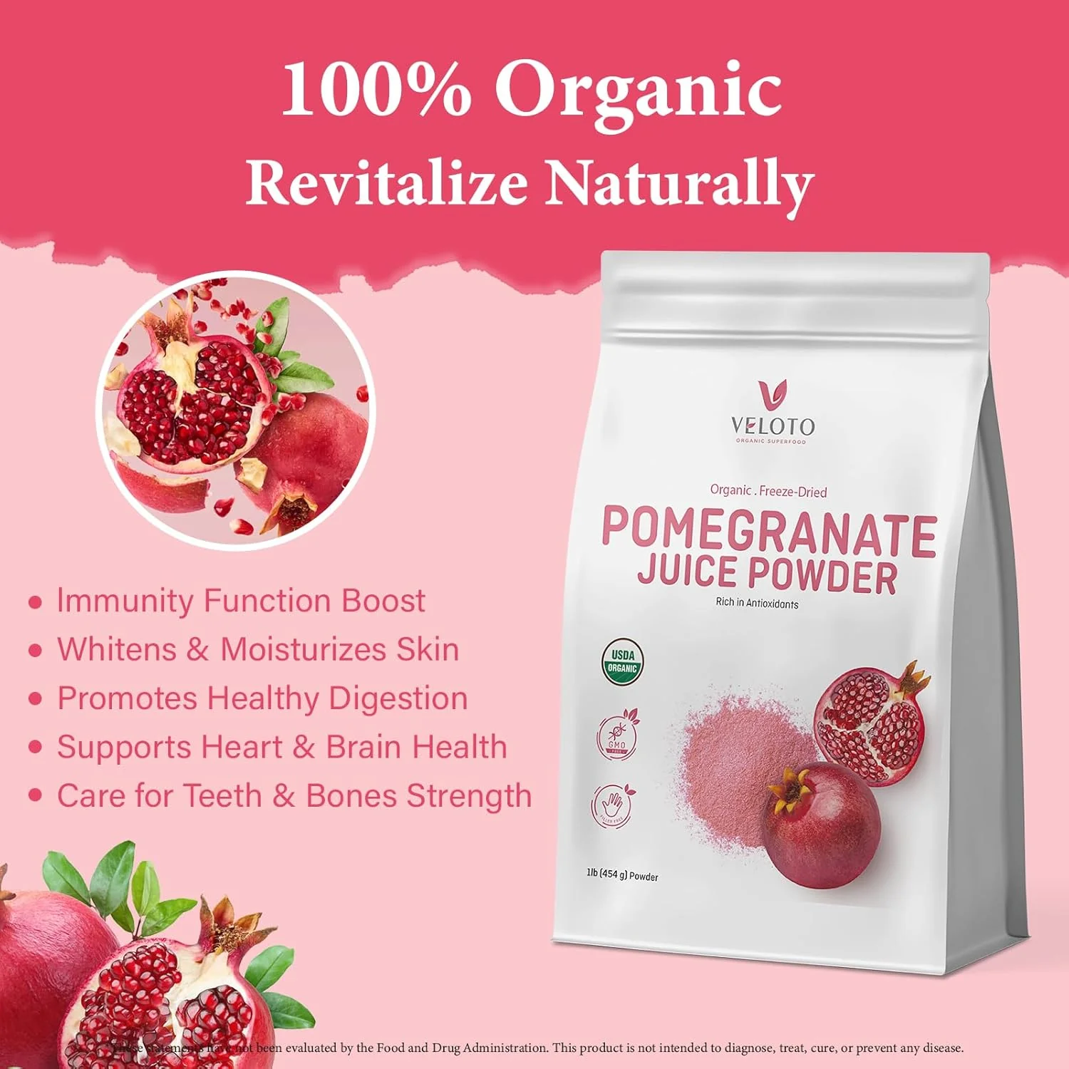VELOTO Organic Pomegranate Juice Powder, Pure Pomegranate Fruit Extract Freeze Dried Powder, Natural Vitamin C Vegan Sweetener Superfoods for Smoothies, Yogurt & Shake, Gluten Free, Non GMO, 1 lb - Image 4
